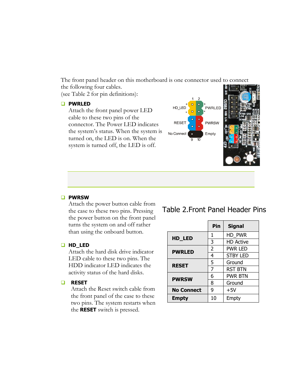 Connecting internal headers, Front panel header, Table 2.front panel header pins | EVGA 121-LF-E652 User Manual | Page 18 / 44