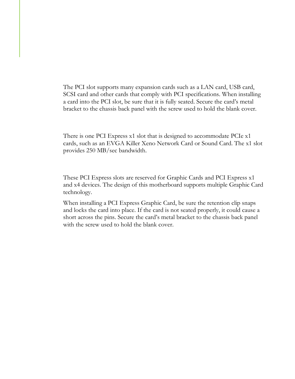 Expansion slots, Pci slots, Pci express x1 slots | Pci express x16/x8/x4 slots | EVGA 121-LF-E652 User Manual | Page 22 / 44