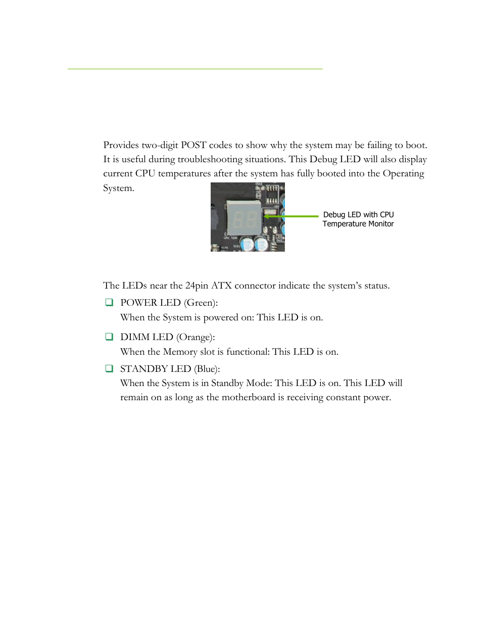 Post port debug led and led status indicators, Post port debug led, Led status indicators | EVGA 121-LF-E652 User Manual | Page 24 / 44