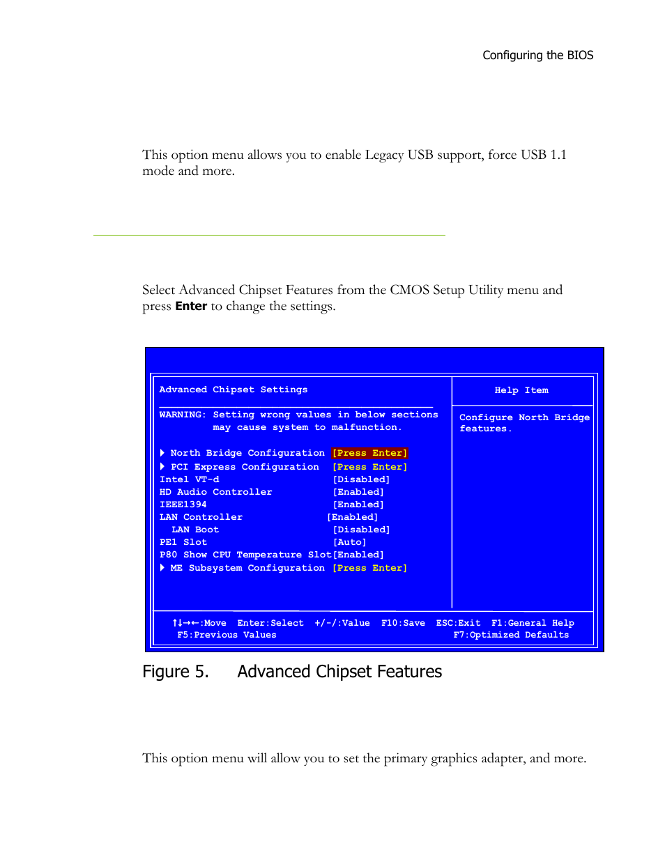 Intel vt-d configuration, Usb configuration, Advanced chipset features | North bridge configuration, Figure 5, Figure 5. advanced chipset features | EVGA 121-LF-E652 User Manual | Page 31 / 44