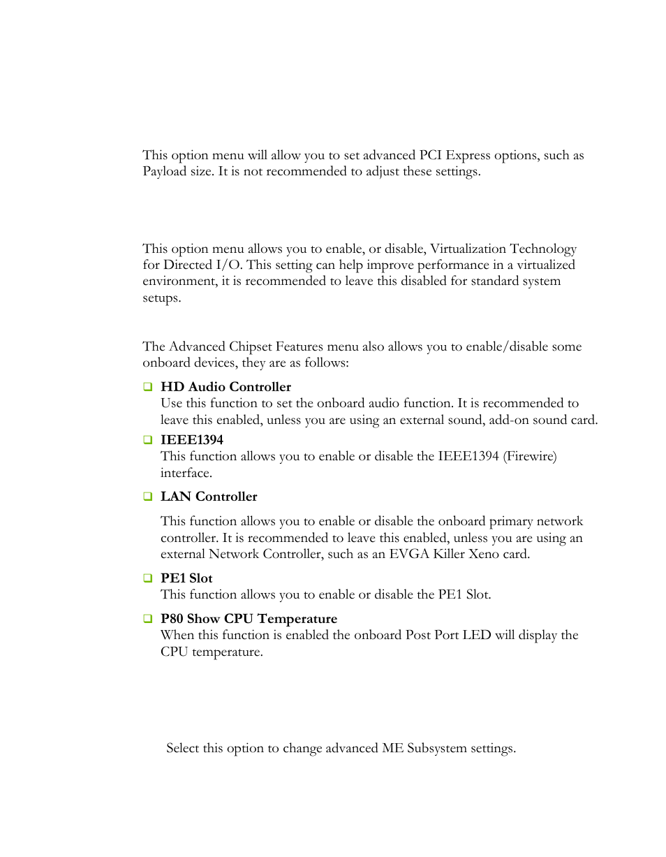 Pci express configuration, Me subsystem configuration, Intel vt-d configuration | EVGA 121-LF-E652 User Manual | Page 32 / 44