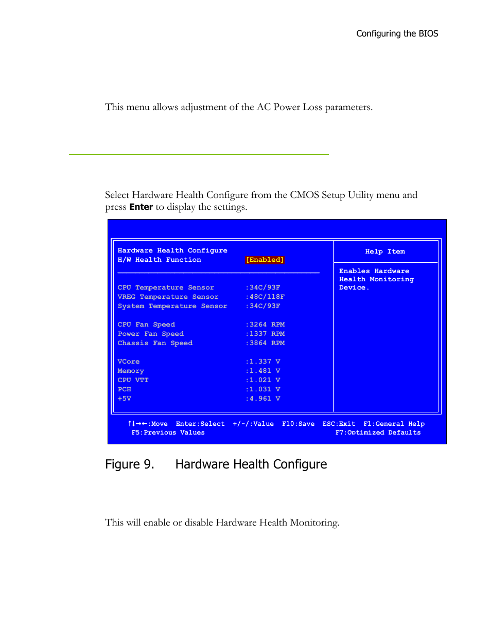 Restore on ac power loss, Hardware health configure, H/w health function | Figure 9, Figure 9. hardware health configure | EVGA 121-LF-E652 User Manual | Page 37 / 44