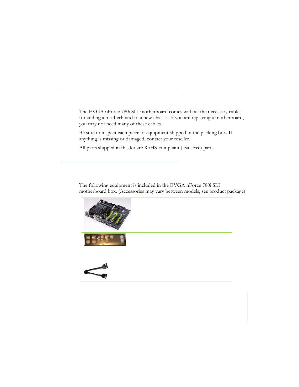 Unpacking and parts descriptions, Unpacking, Equipment | EVGA NFORCE 780I SLI User Manual | Page 15 / 127