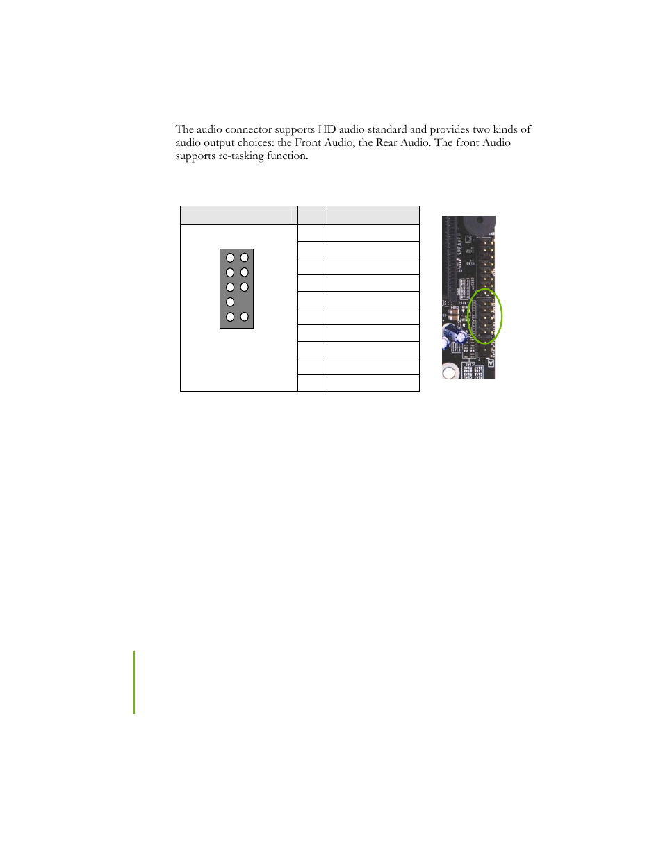 Audio, Table 5. front audio connector | EVGA NFORCE 780I SLI User Manual | Page 33 / 127