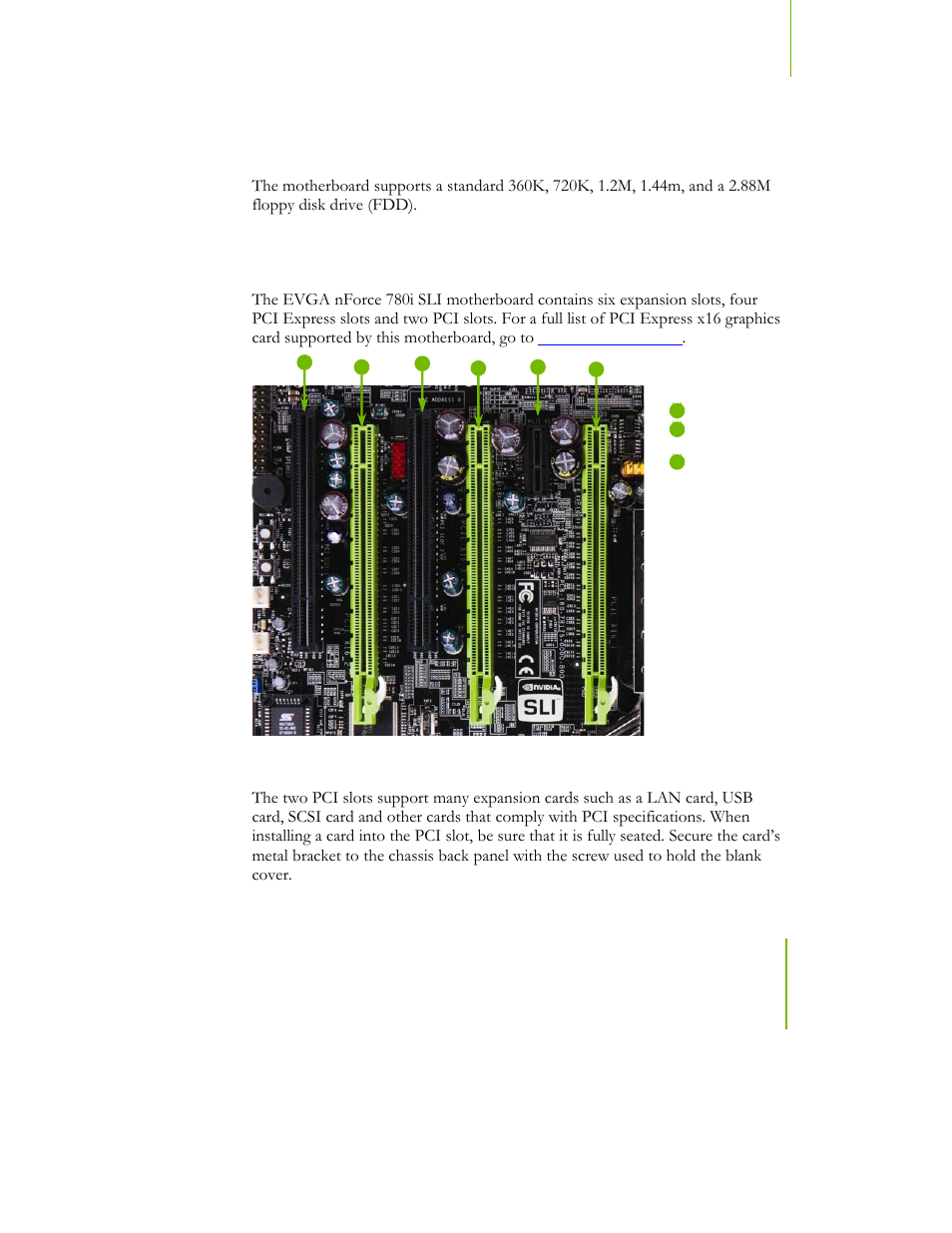 Fdd connector, Expansion slots, Pci slots | EVGA NFORCE 780I SLI User Manual | Page 36 / 127