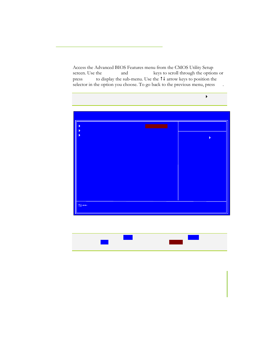 Advanced bios features, Figure 7. advanced bios features menu, Keys to scroll through the options or press | EVGA NFORCE 780I SLI User Manual | Page 50 / 127