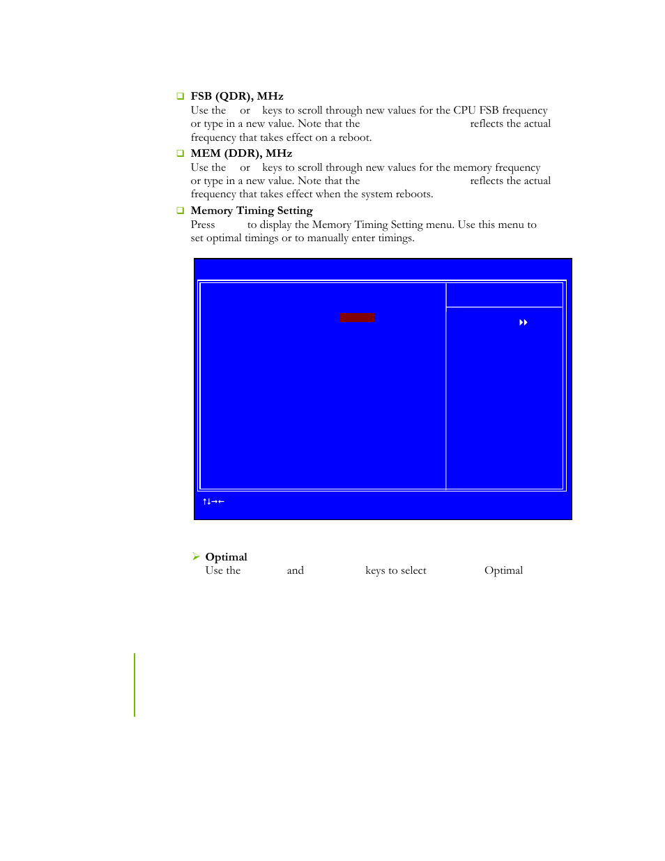 Fsb (qdr), mhz use the, Mem (ddr), mhz use the, Keys to select | Optimal | EVGA NFORCE 780I SLI User Manual | Page 61 / 127