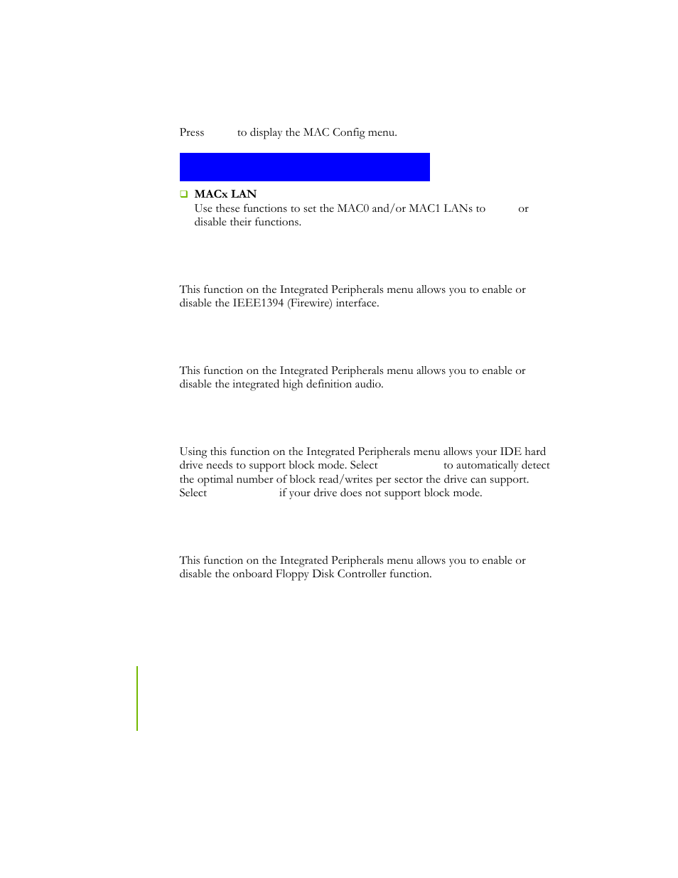 Mac config, Ieee1394 controller, Hd audio | Ide hdd block mode, Onboard fdc controller | EVGA NFORCE 780I SLI User Manual | Page 73 / 127
