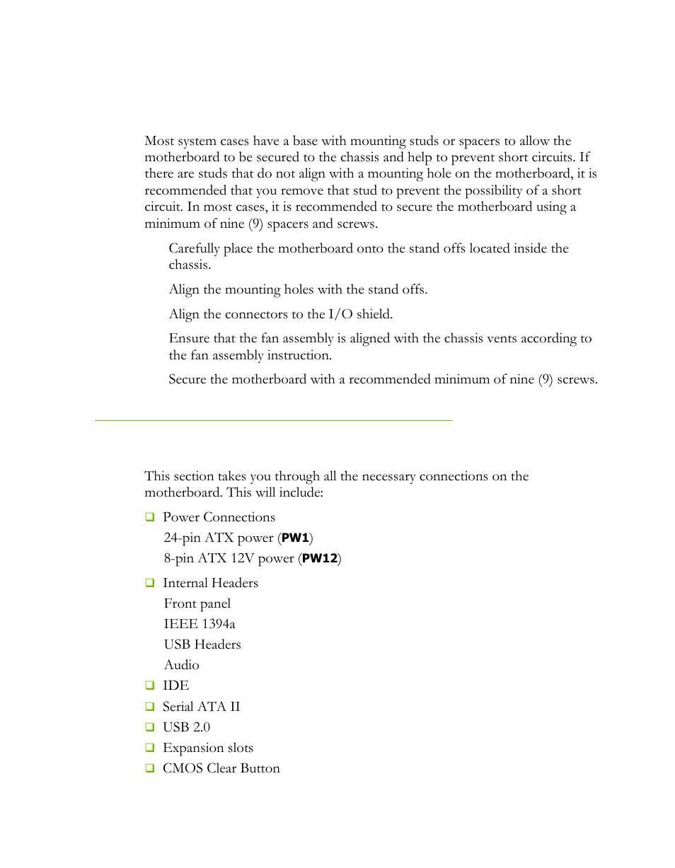 Securing the motherboard into a system case, Connecting cables | EVGA H55 User Manual | Page 14 / 46