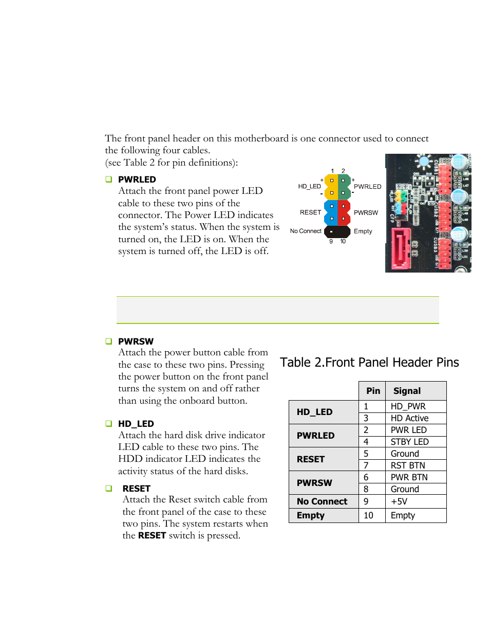 Connecting internal headers, Front panel header, Table 2.front panel header pins | EVGA H55 User Manual | Page 18 / 46