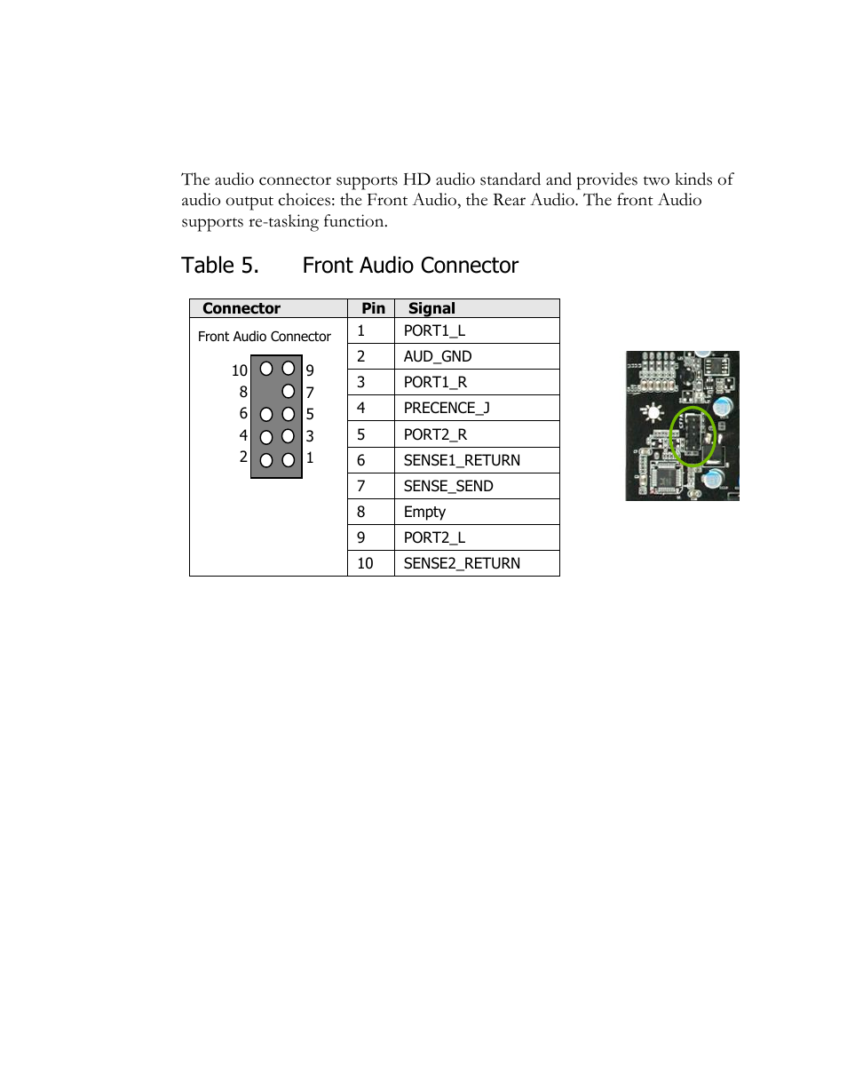 Audio, Table 5. front audio connector | EVGA H55 User Manual | Page 21 / 46