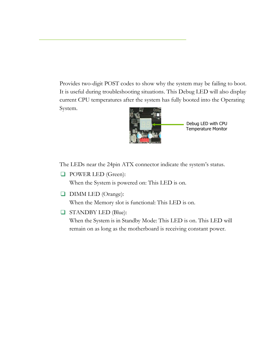 Post port debug led and led status indicators, Post port debug led, Led status indicators | EVGA H55 User Manual | Page 24 / 46