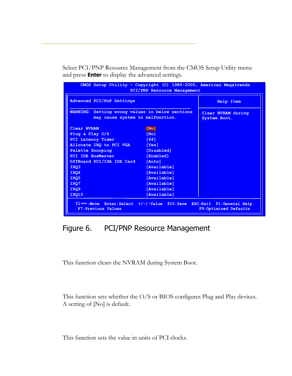 Pci/pnp resource management, Clear nvram, Plug & play o/s | Pci latency timer, Figure 6, Figure 6. pci/pnp resource management | EVGA H55 User Manual | Page 34 / 46