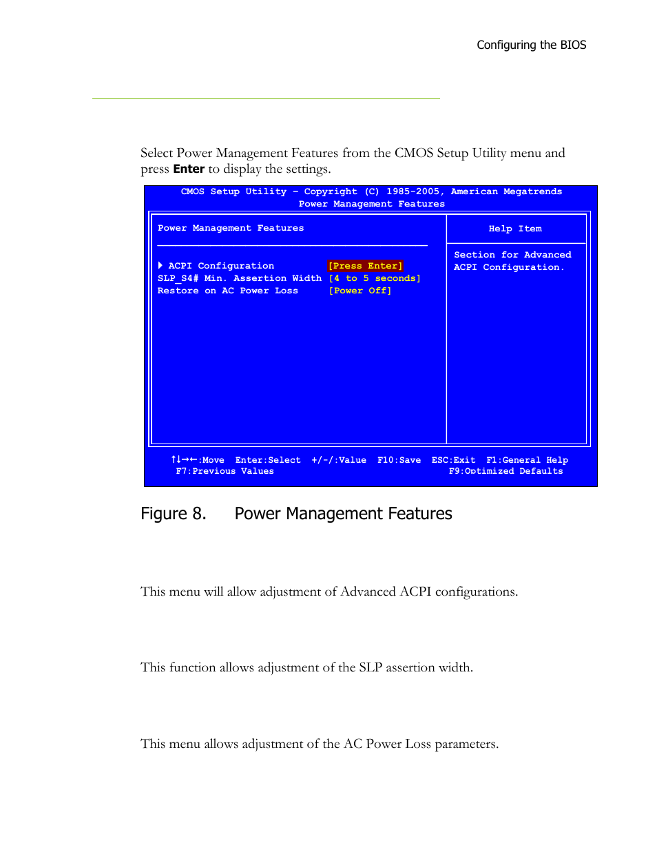 Power management features, Acpi configuration, Slp_s4# min. assertion width | Restore on ac power loss, Figure 8, Figure 8. power management features | EVGA H55 User Manual | Page 37 / 46