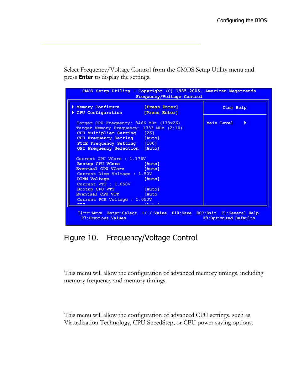 Frequency/voltage control menu, Memory configure, Cpu configuration | Figure 10, Frequency/voltage control, Figure 10. frequency/voltage control | EVGA H55 User Manual | Page 39 / 46