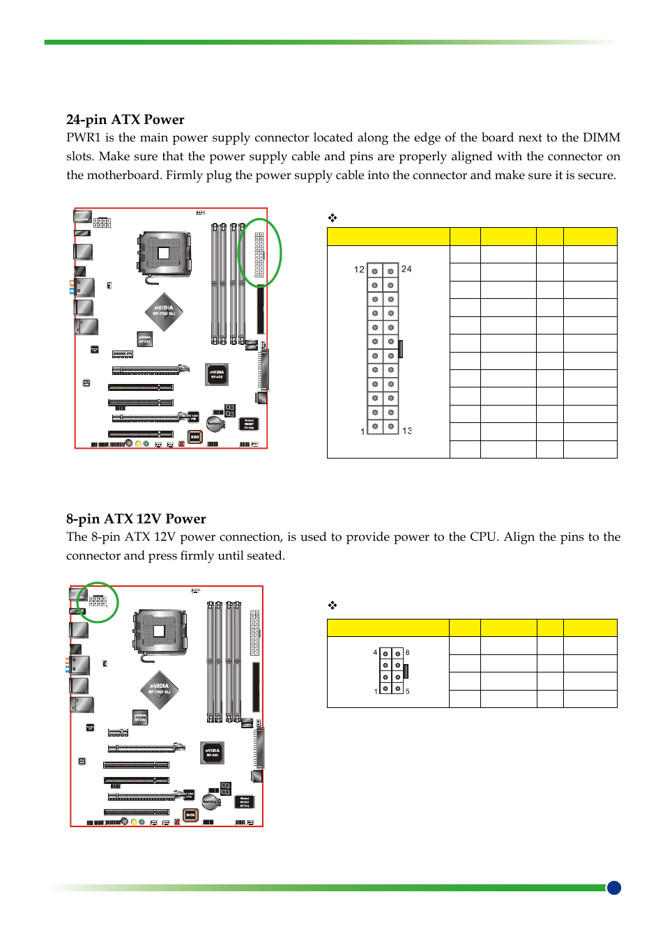 Power connections, Pin atx power, Pin atx 12v power | EVGA 750I SLI User Manual | Page 19 / 58