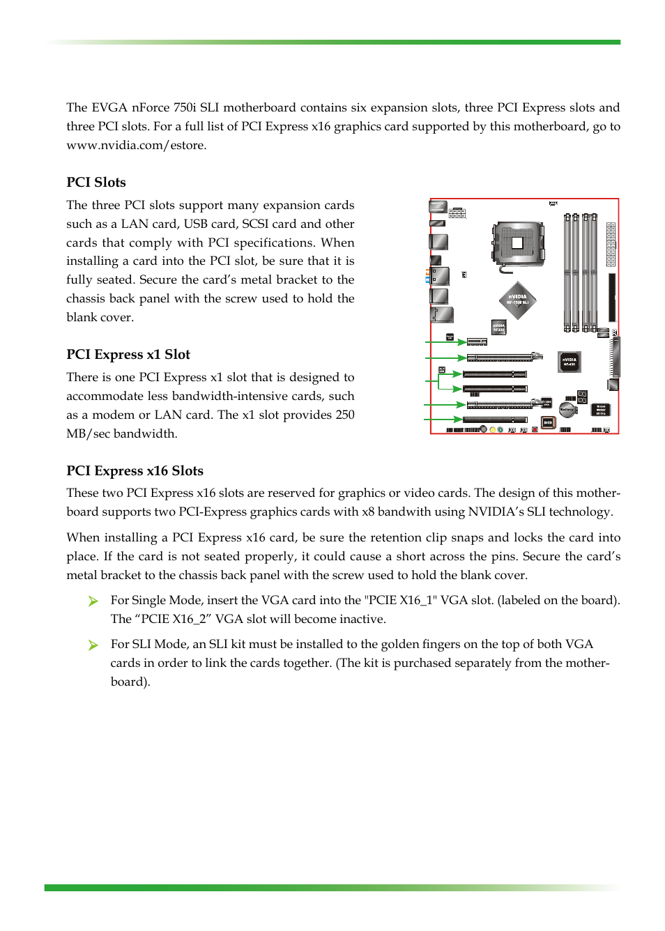 Expansion slots, Pci slots, Pci express x1 slot | Pci express x16 slots | EVGA 750I SLI User Manual | Page 26 / 58