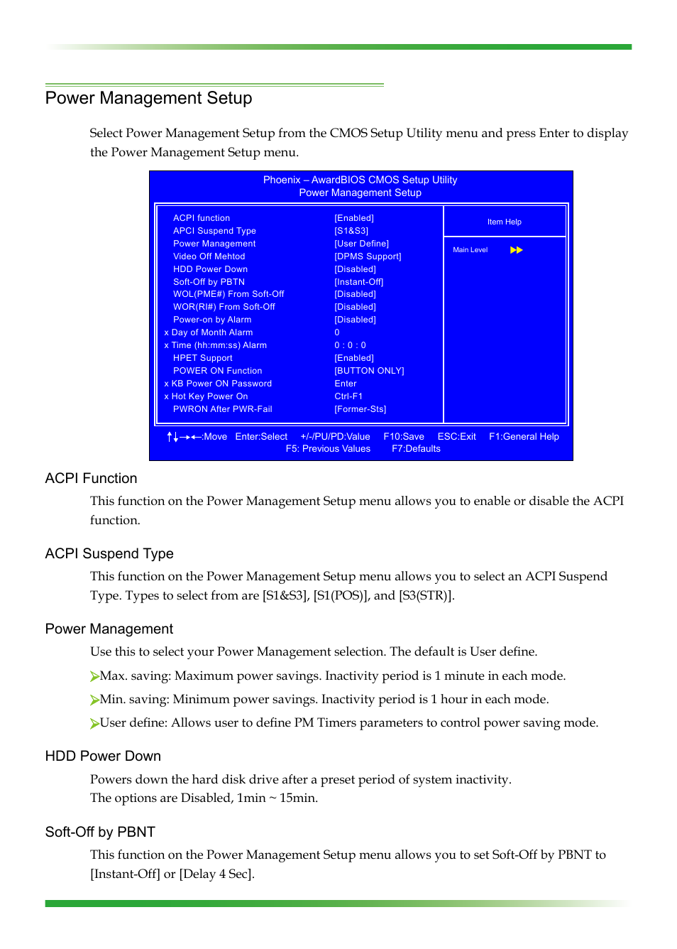 Power management setup, Acpi function, Acpi suspend type | Power management, Hdd power down, Soft-off by pbnt | EVGA 750I SLI User Manual | Page 37 / 58