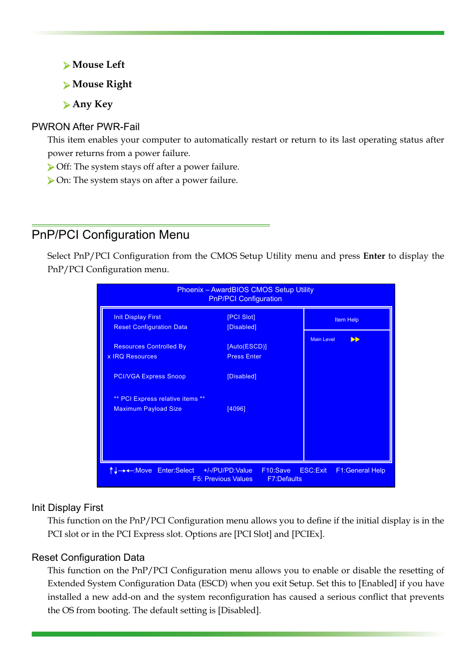 Pnp/pci configuration menu, Mouse left, Mouse right | Any key pwron after pwr-fail, Init display first, Reset configuration data | EVGA 750I SLI User Manual | Page 39 / 58