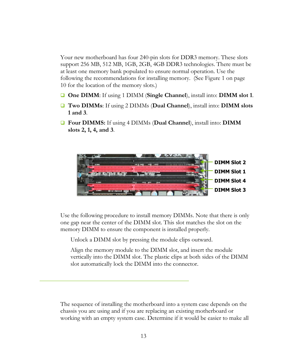 Installing system memory (dimms), Installing the motherboard | EVGA 160-LF-E659 User Manual | Page 13 / 54