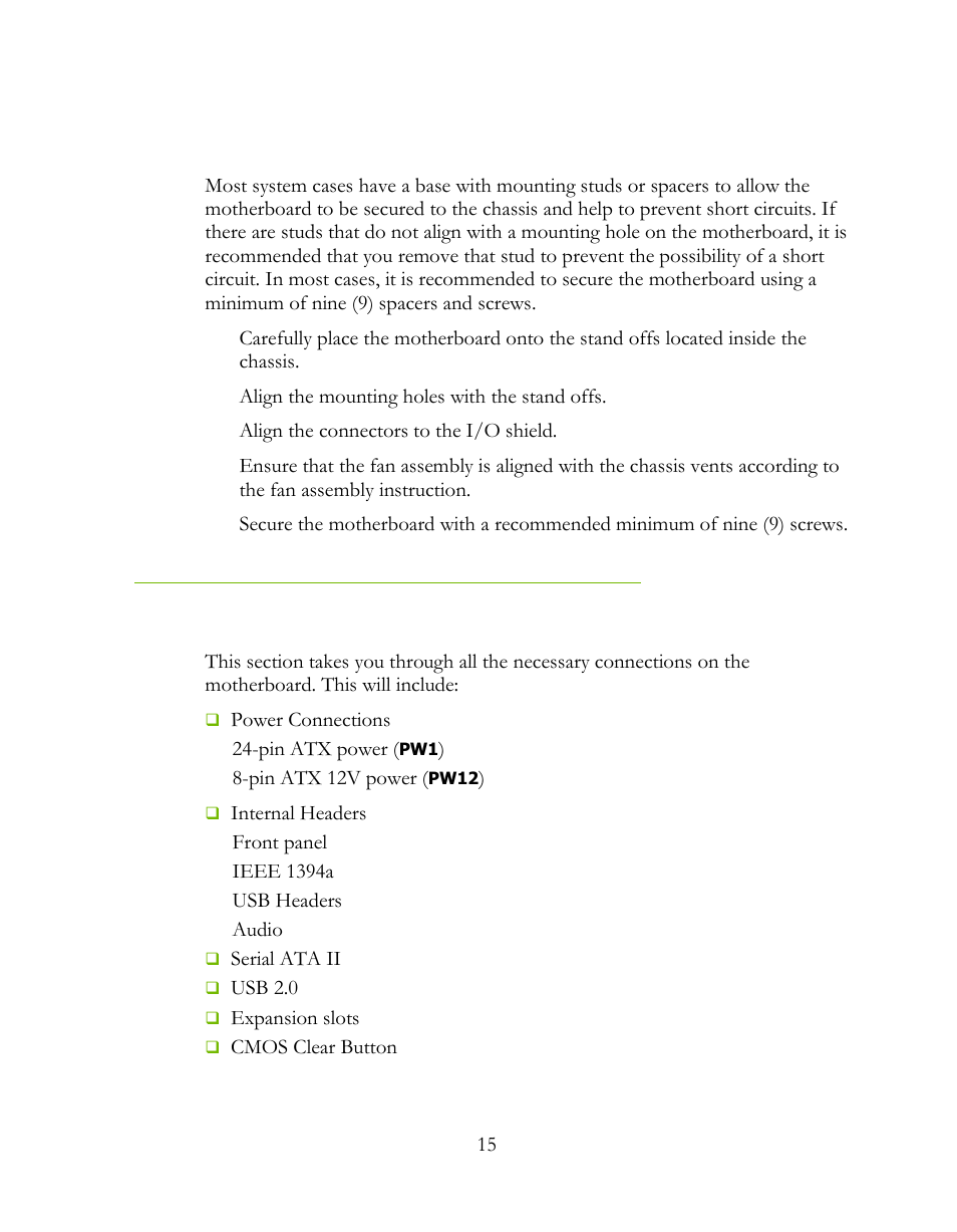 Securing the motherboard into a system case, Connecting cables | EVGA 160-LF-E659 User Manual | Page 15 / 54