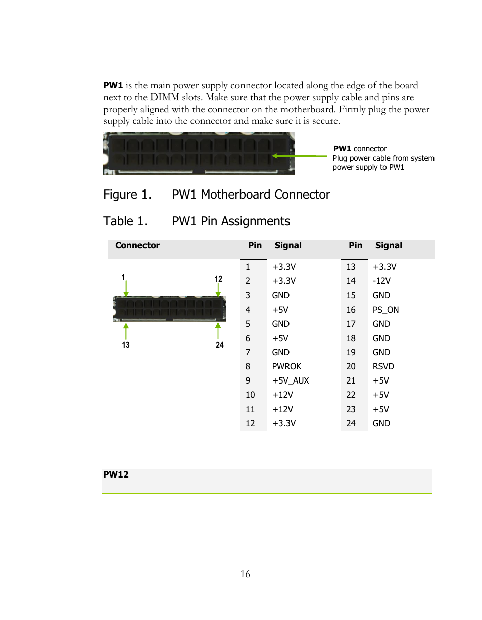 Pin atx power (pw1), Pin atx 12v power (pw12), Figure 1 | Pw1 motherboard connector, Pin atx power, Pin atx 12v power, Pw1), Pw12 | EVGA 160-LF-E659 User Manual | Page 16 / 54