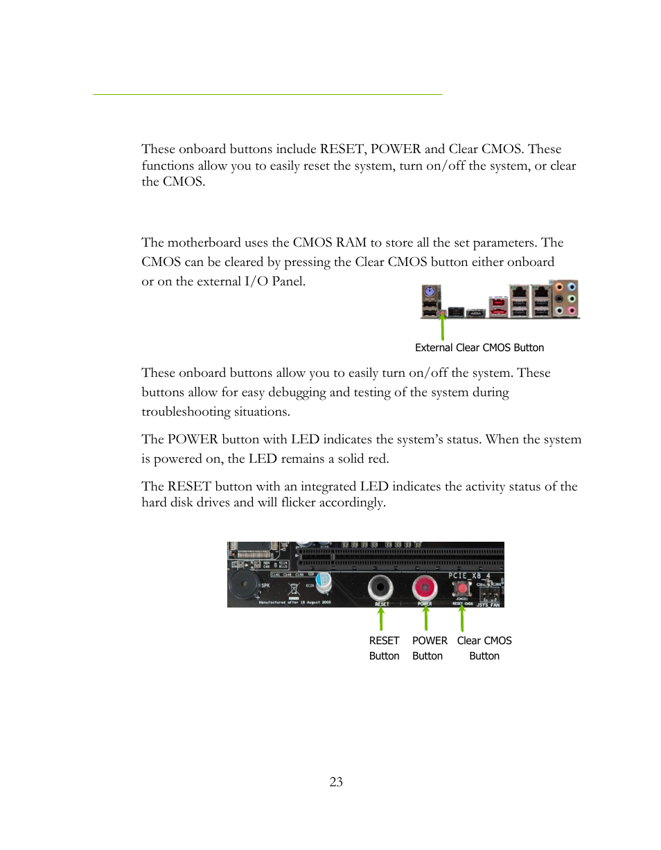 Onboard buttons, Clear cmos button, Reset and power button | EVGA 160-LF-E659 User Manual | Page 23 / 54