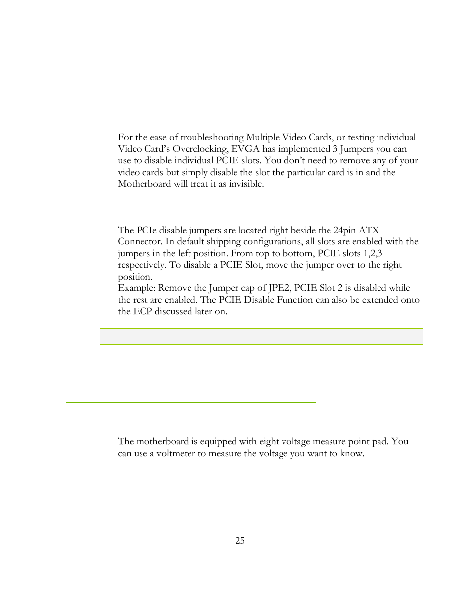 Jumper settings, Pcie disable jumper, Voltage measure point | Jumper settings pcie disable jumper | EVGA 160-LF-E659 User Manual | Page 25 / 54