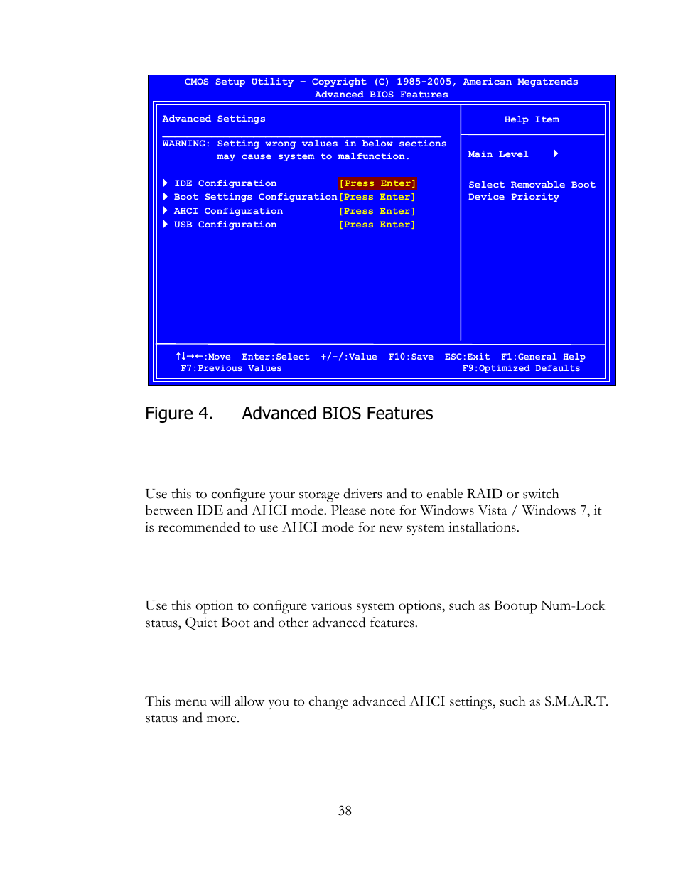 Ide configuration, Boot settings configuration, Ahci configuration | Figure 4, Advanced bios features, Figure 4. advanced bios features | EVGA 160-LF-E659 User Manual | Page 38 / 54