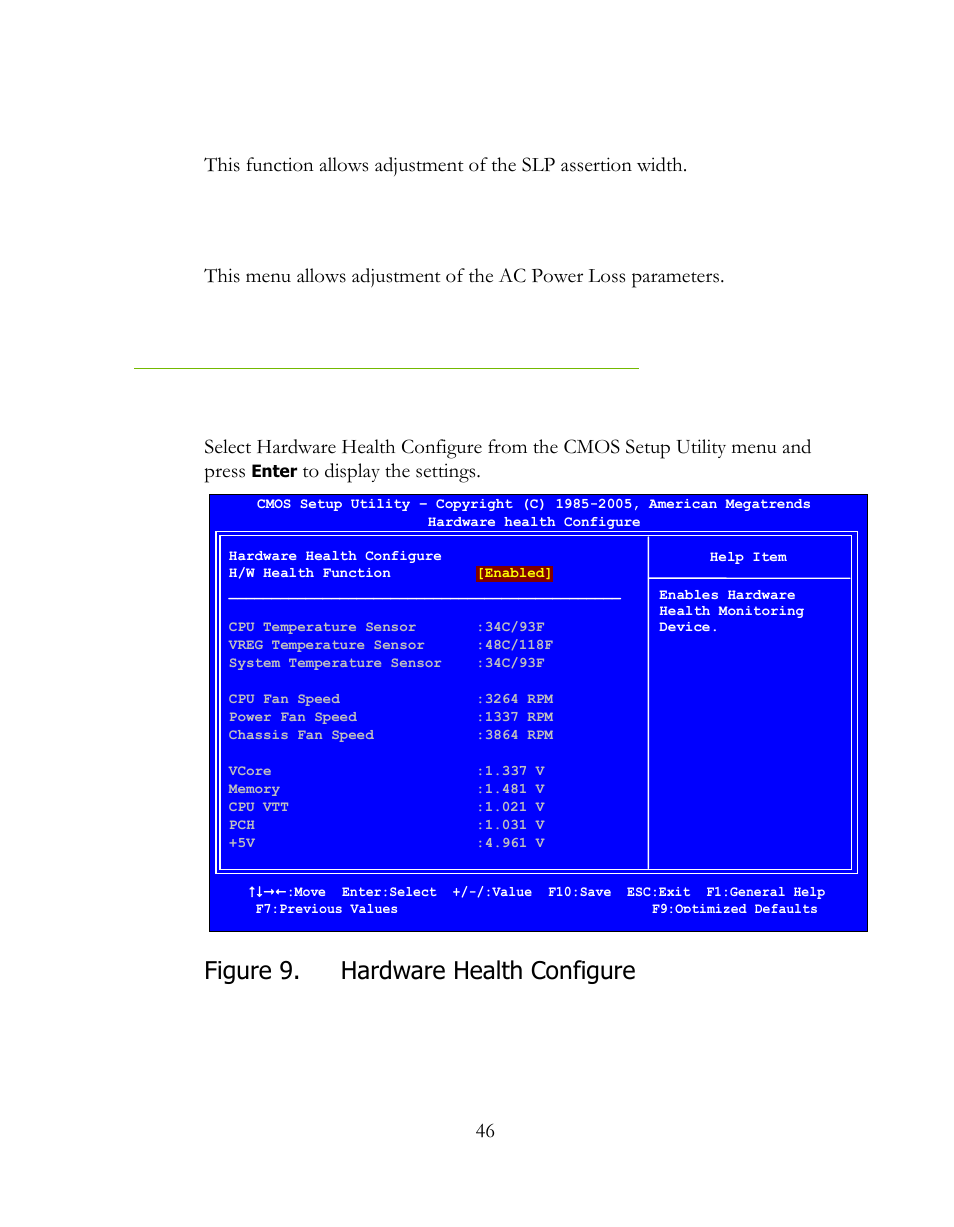 Slp_s4# min. assertion width, Restore on ac power loss, Hardware health configure | Figure 9, Figure 9. hardware health configure | EVGA 160-LF-E659 User Manual | Page 46 / 54