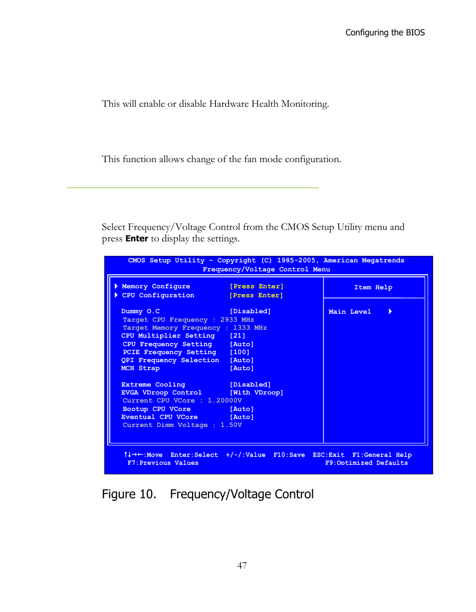 H/w health function, Cpu fan mode setting, Frequency/voltage control menu | Figure 10, Frequency/voltage control, Figure 10. frequency/voltage control | EVGA 160-LF-E659 User Manual | Page 47 / 54
