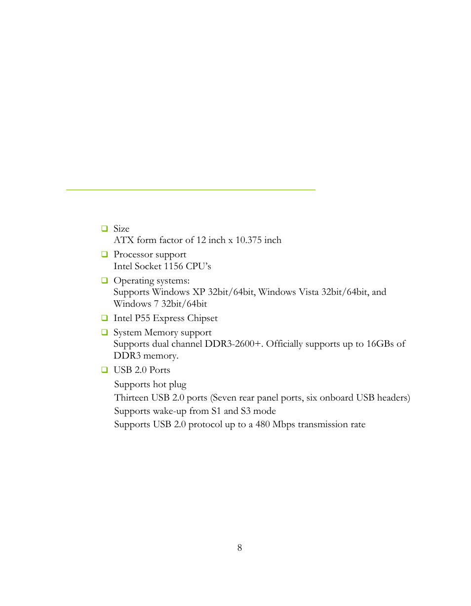 Evga p55 classified 200 motherboard, Motherboard specifications | EVGA 160-LF-E659 User Manual | Page 8 / 54
