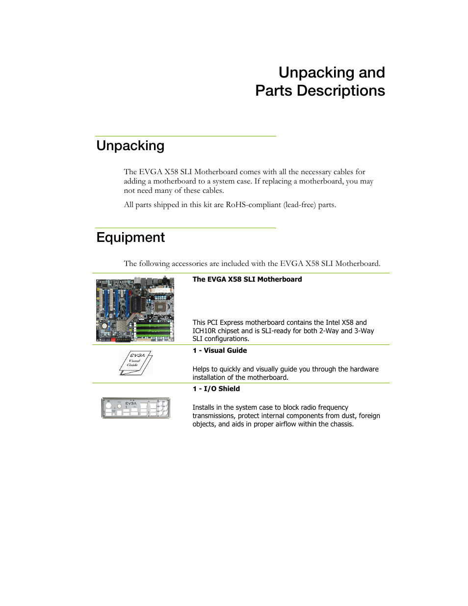 Unpacking and parts descriptions, Unpacking, Equipment | EVGA X58 3X SLI User Manual | Page 12 / 75