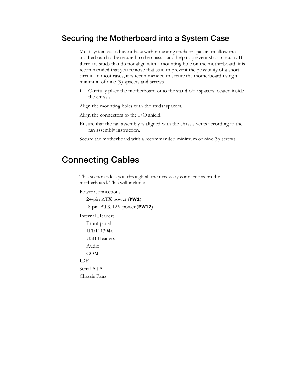 Connecting cables, Securing the motherboard into a system case | EVGA X58 3X SLI User Manual | Page 22 / 75