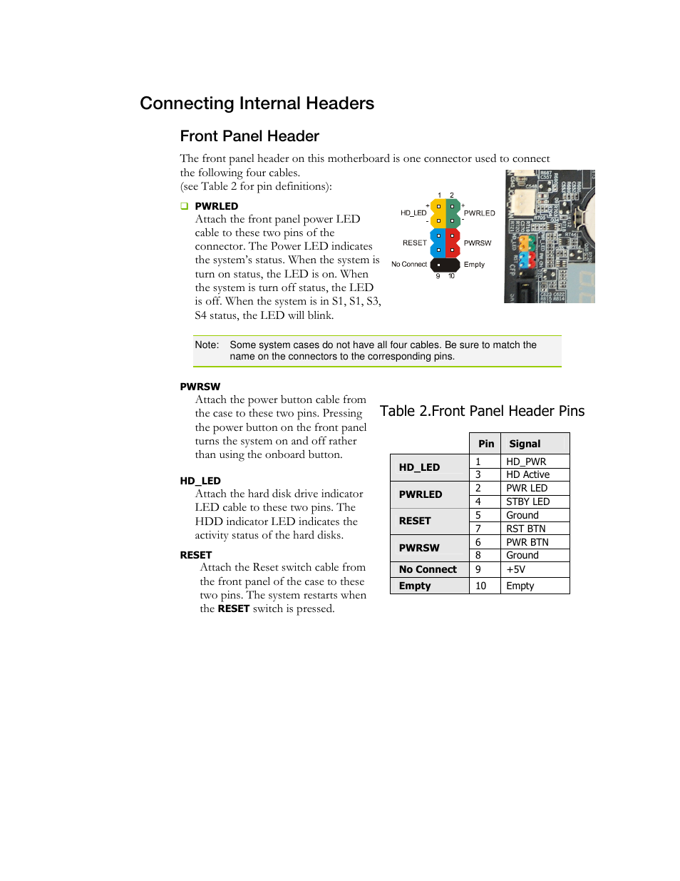 Connecting internal headers, Front panel header, Table 2.front panel header pins | EVGA X58 3X SLI User Manual | Page 26 / 75