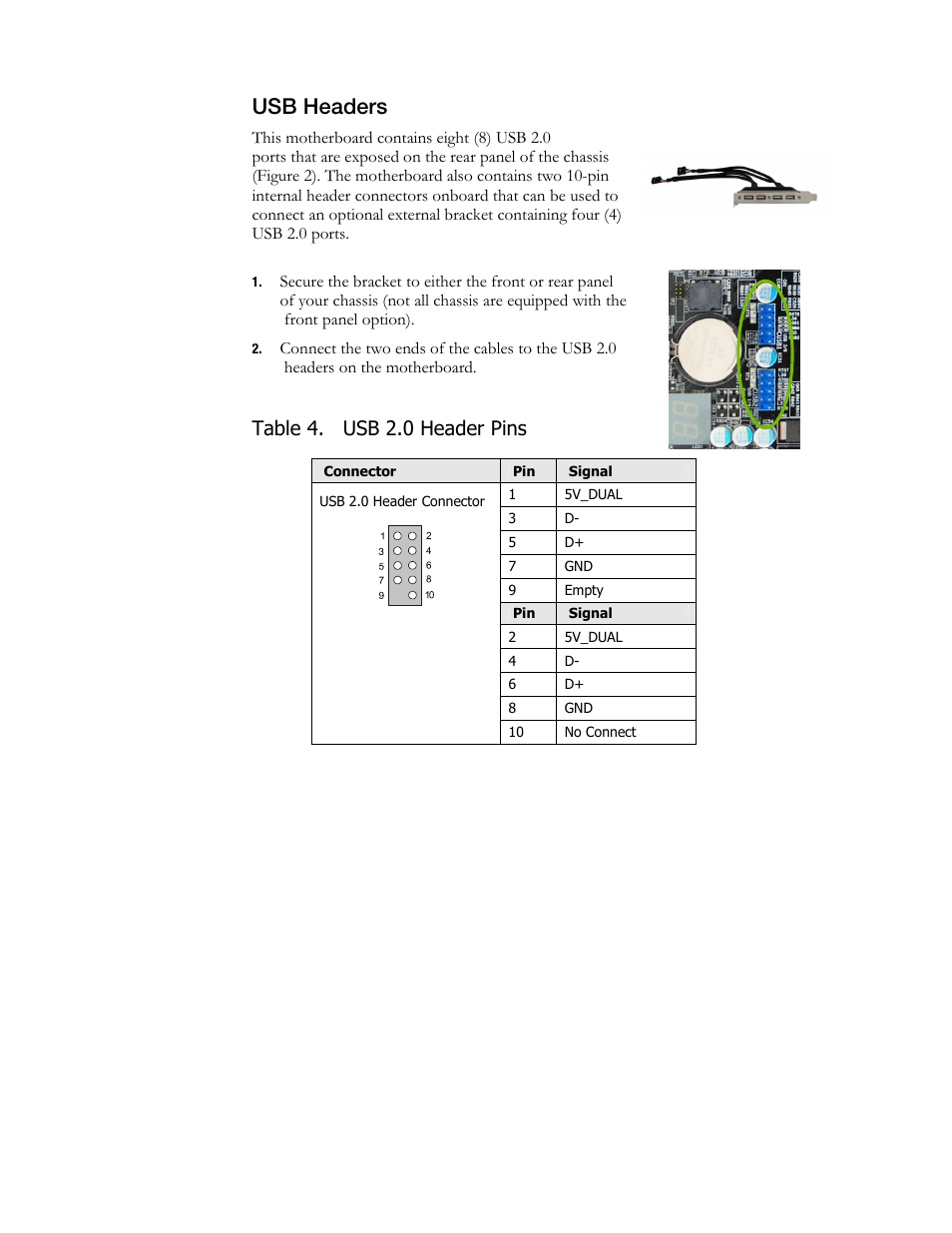 Usb headers, Table 4. usb 2.0 header pins | EVGA X58 3X SLI User Manual | Page 28 / 75