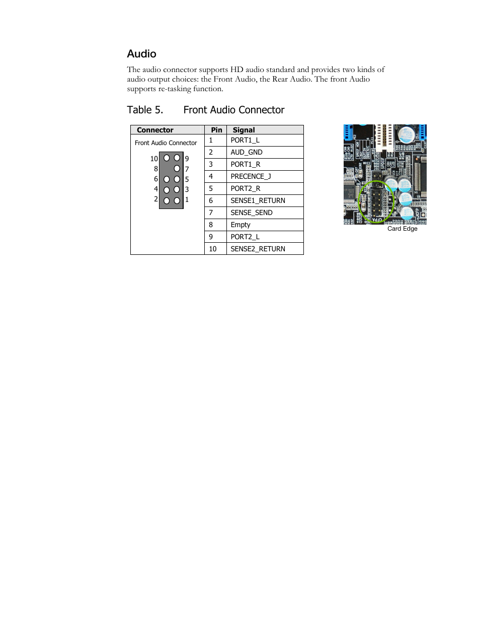 Audio, Table 5. front audio connector | EVGA X58 3X SLI User Manual | Page 29 / 75