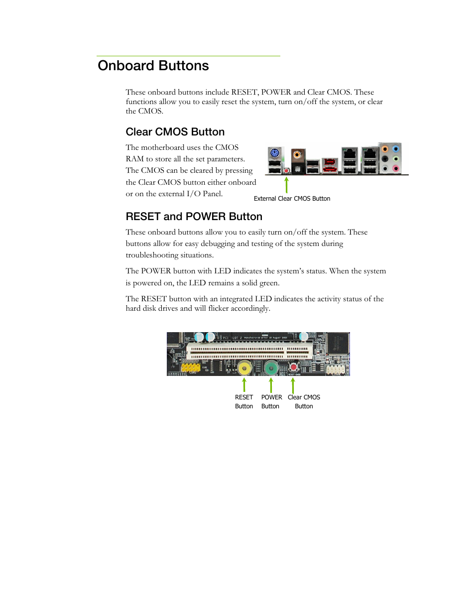 Onboard buttons, Clear cmos button, Reset and power button | EVGA X58 3X SLI User Manual | Page 33 / 75