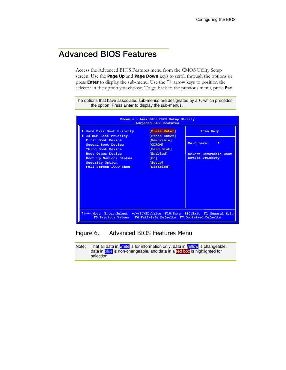 Advanced bios features, Figure 6. advanced bios features menu, Keys to scroll through the options or press | EVGA X58 3X SLI User Manual | Page 43 / 75