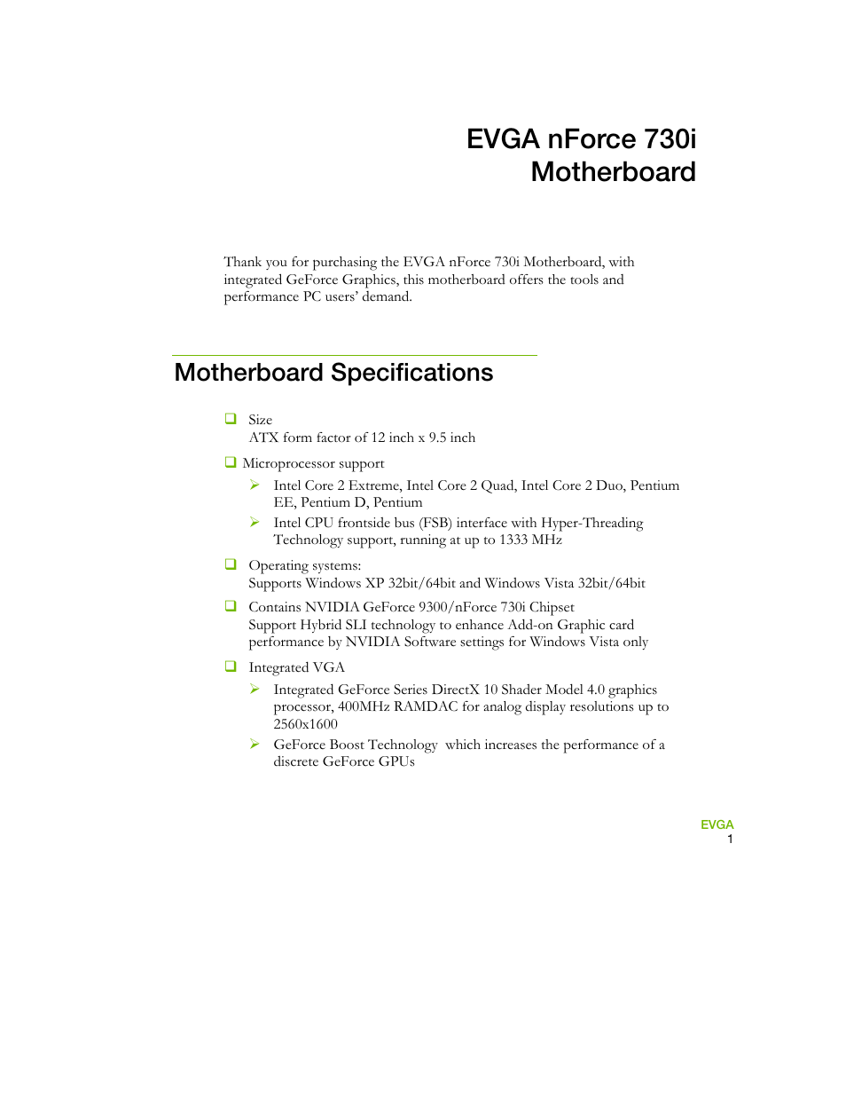 Evga nforce 730i motherboard, Motherboard specifications | EVGA 730I User Manual | Page 12 / 85