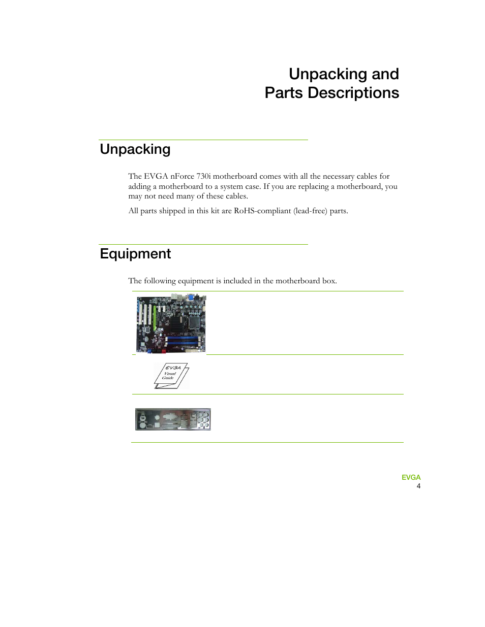 Unpacking and parts descriptions, Unpacking, Equipment | EVGA 730I User Manual | Page 15 / 85