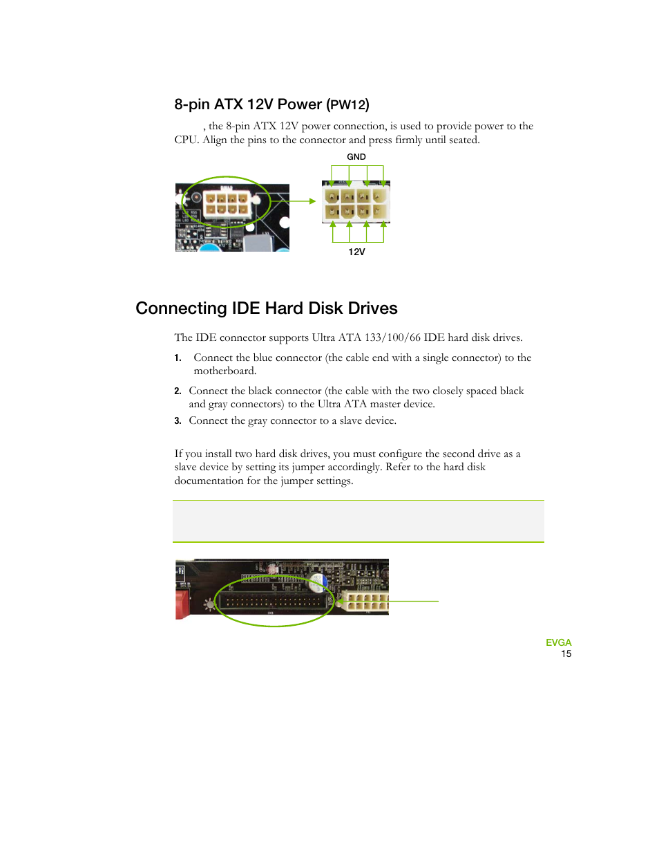 Connecting ide hard disk drives, Pin atx 12v power | EVGA 730I User Manual | Page 26 / 85