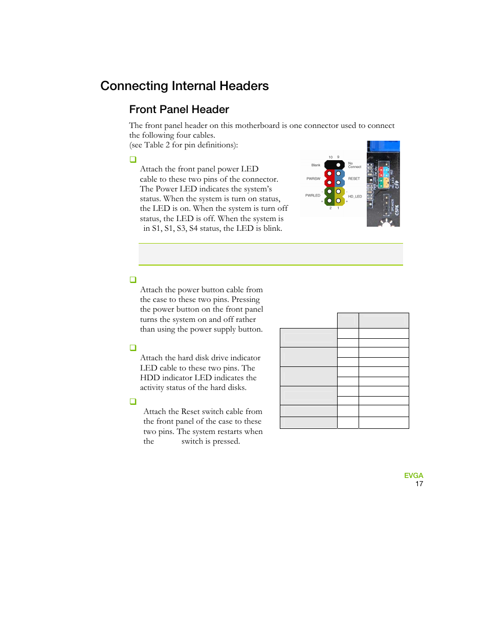 Connecting internal headers, Front panel header, Table 2.front panel header pins | EVGA 730I User Manual | Page 28 / 85