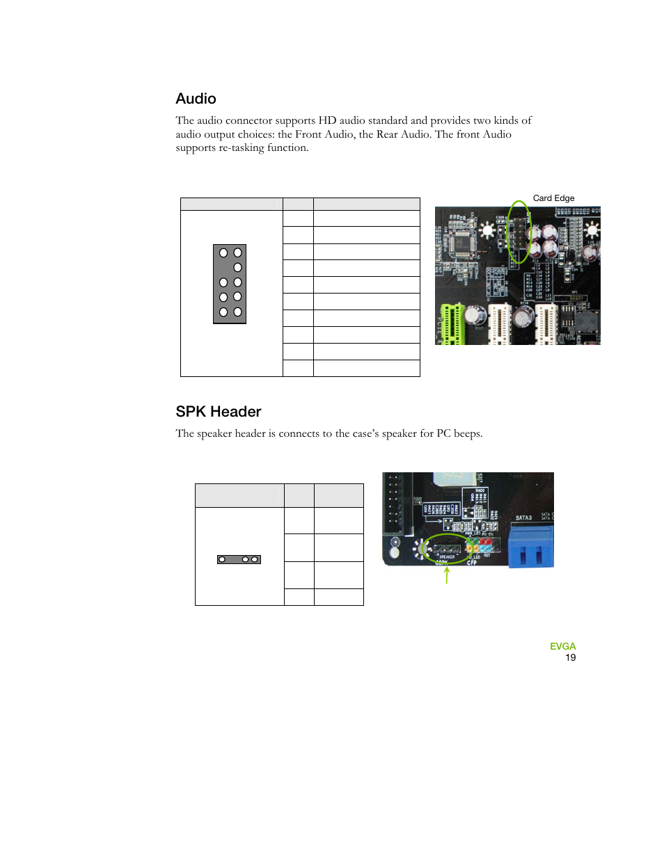 Audio, Spk header, Table 4. front audio connector | Table 5. cspk header pins | EVGA 730I User Manual | Page 30 / 85