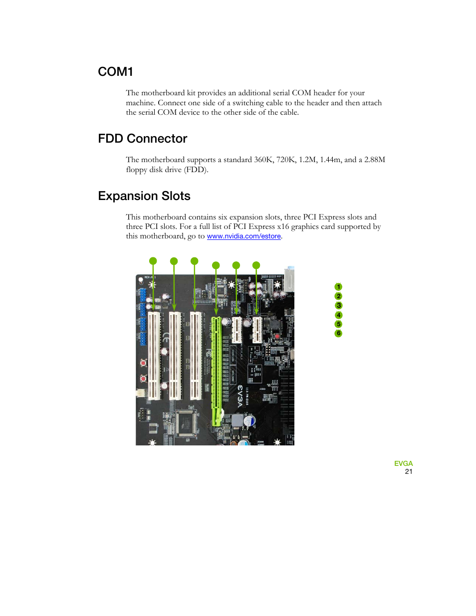 Com1, Fdd connector, Expansion slots | EVGA 730I User Manual | Page 32 / 85