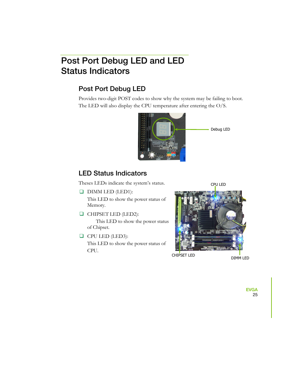 Post port debug led and led status indicators, Post port debug led, Led status indicators | EVGA 730I User Manual | Page 35 / 85