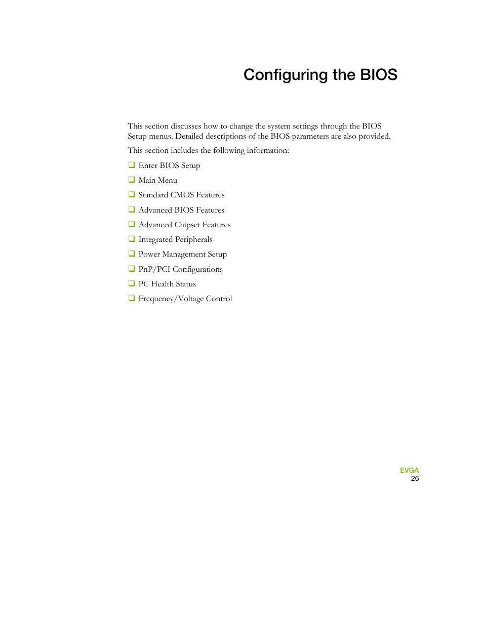 Configuring the bios | EVGA 730I User Manual | Page 36 / 85