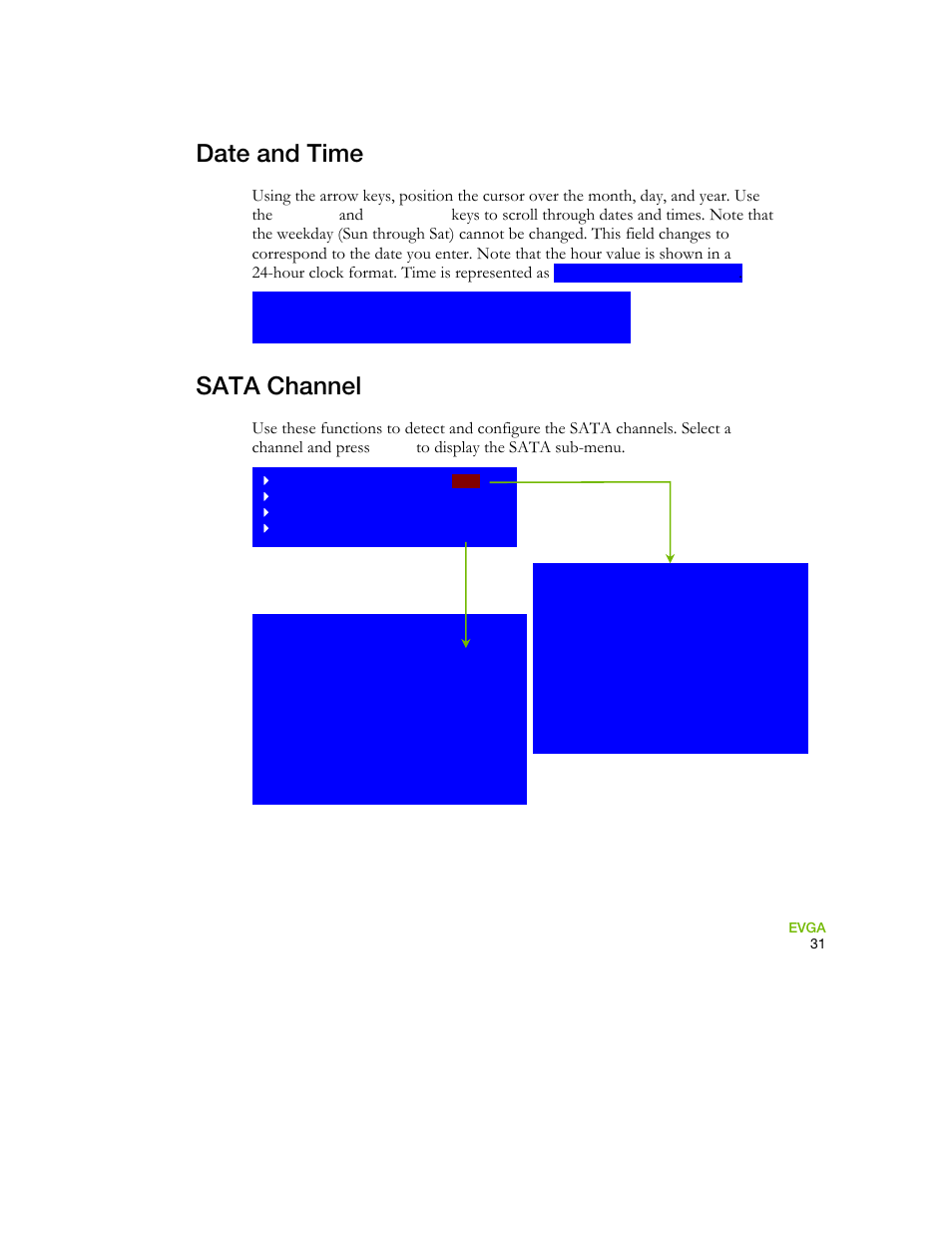 Date and time, Sata channel | EVGA 730I User Manual | Page 41 / 85