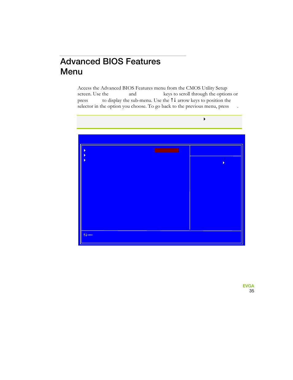 Advanced bios features menu, Figure 5. advanced bios features menu, Keys to scroll through the options or press | EVGA 730I User Manual | Page 45 / 85