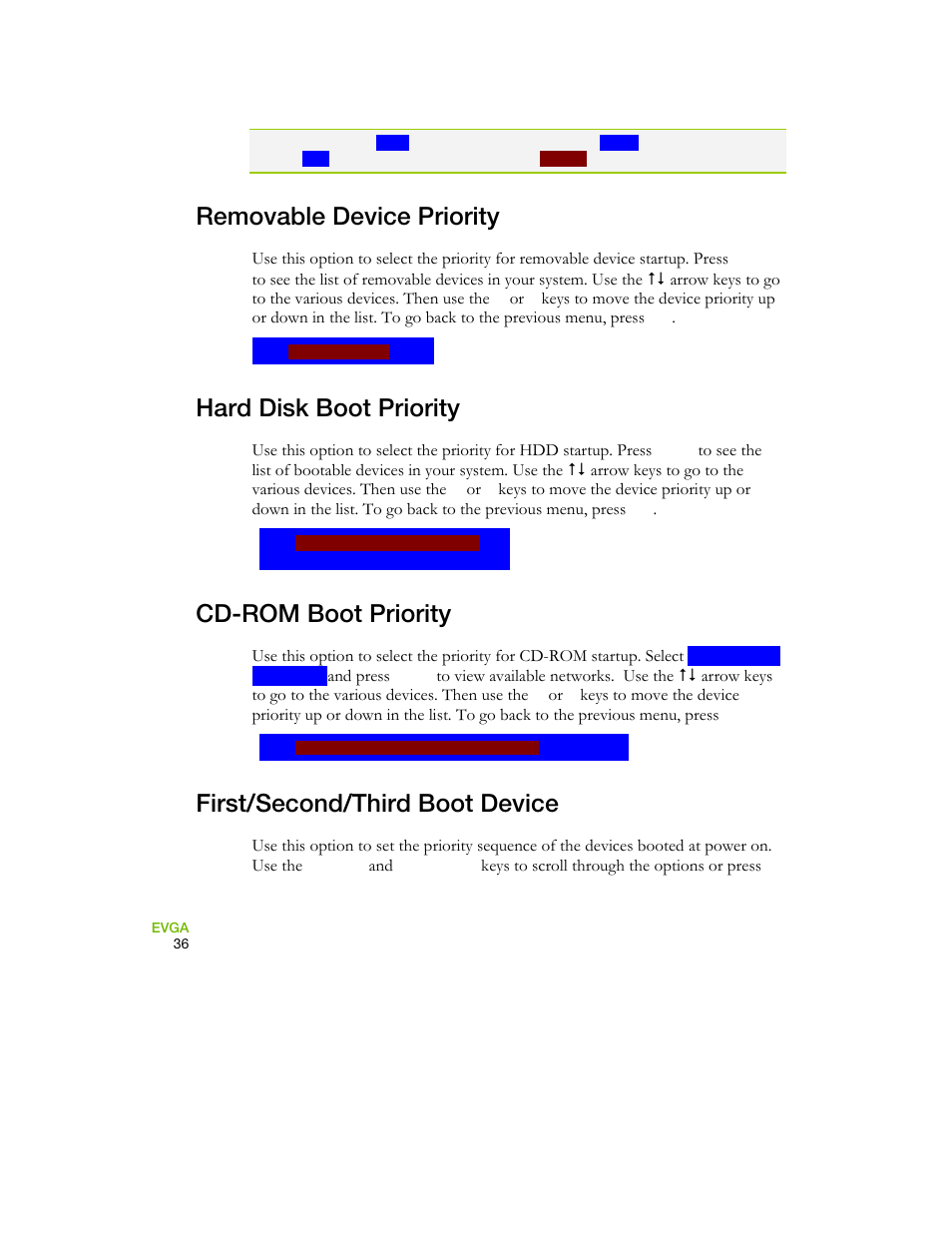 Removable device priority, Hard disk boot priority, Cd-rom boot priority | First/second/third boot device | EVGA 730I User Manual | Page 46 / 85